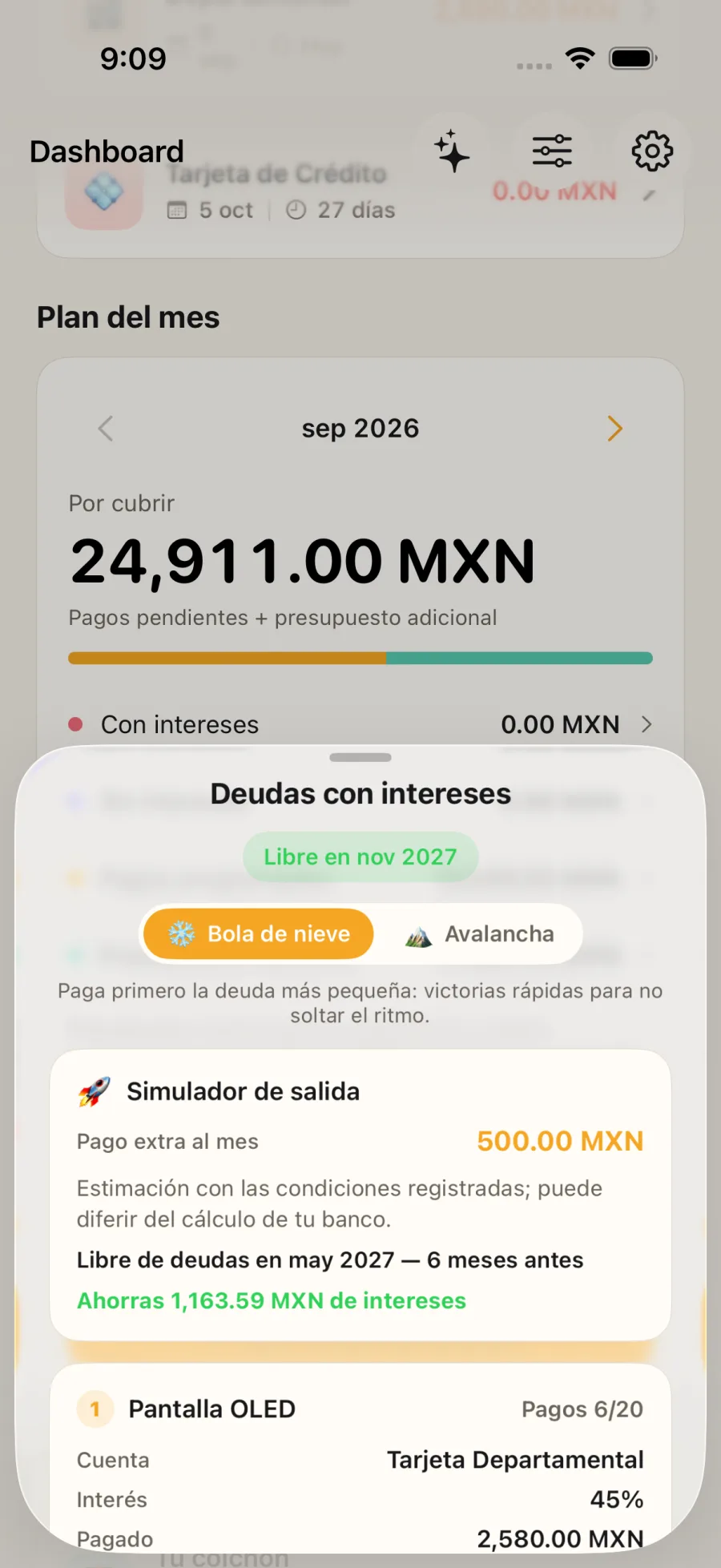 Pantalla del plan de deudas de Ctrl Xpenses